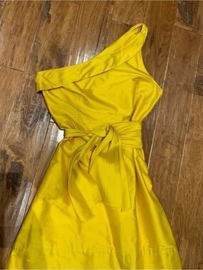 One-Shoulder Yellow Silk Dress with Waist Tie